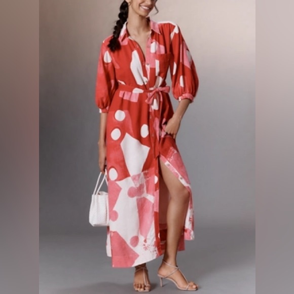 Anthropologie Dresses & Skirts - Anthropologie Maeve Linen Red and Cream Patterned Shirt Dress Size S